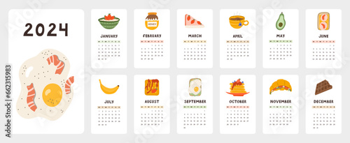 Cute calendar template for 2024 year with creative illustrations of food for breakfast. Calendar grid with weeks starts on Monday for nursery or office. Vertical monthly calender layout for planning