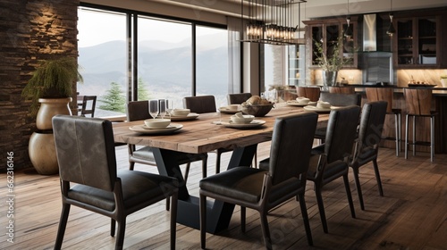 an elegant dining room setting with a blend of rustic wooden elements and modern metal accents that elevate every meal