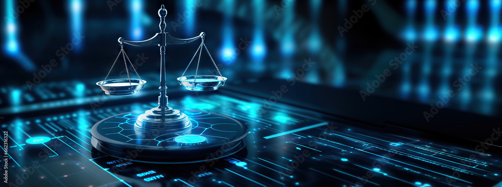 Law scales on background of data center. Digital law concept of duality of Judiciary, Jurisprudence and Justice and data in the modern world. Copy space - obrazy, fototapety, plakaty 