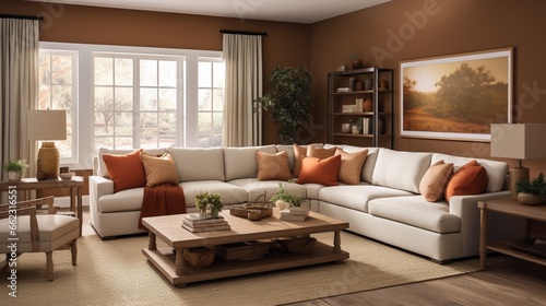 an inviting family room with warm earth tones and durable, family-friendly materials that encourage quality time together