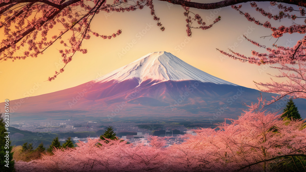 The Mount Fuji stands majestically over a serene lake, surrounded by vibrant flowers and lush trees