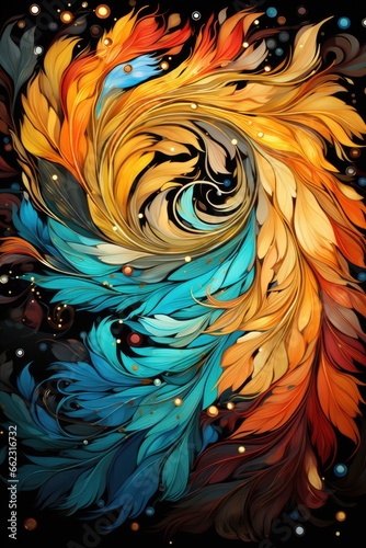 A colorful swirl of feathers on a black background. AI image.