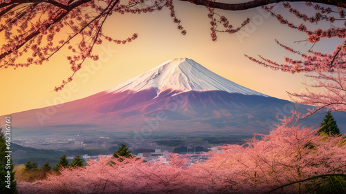 The Mount Fuji stands majestically over a serene lake  surrounded by vibrant flowers and lush trees