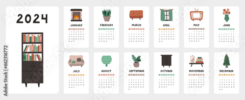 Cute calendar template for 2024 year with cozy illustrations of home interior. Calendar grid with weeks starts on Monday for nursery or office. Vertical monthly calender layout for planning