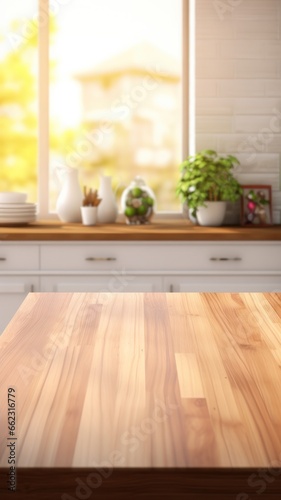 Wooden table on blurred kitchen bench background, Advertisement, Print media, Illustration, Banner, for website, copy space, for word, template, presentation © Space_Background