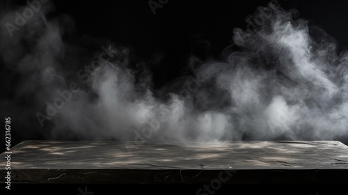 Empty black marble table with fog and smoke on a black background, Advertisement, Print media, Illustration, Banner, for website, copy space, for word, template, presentation