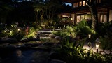 an outdoor garden with landscape lighting, transforming the garden into an enchanting nocturnal escape