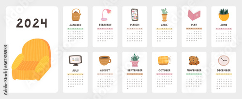 Cute calendar template for 2024 year with cozy scandinavian illustrations. Calendar grid with weeks starts on Monday for kids nursery, corporate office. Vertical monthly calender layout for planning
