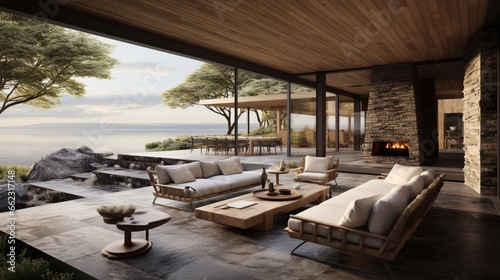 an outdoor patio that seamlessly integrates natural materials, like wood and stone, with modern furnishings