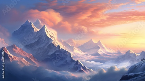 high mountains at sunrise, as the first light of day gently kisses the snowy slopes, creating a peaceful and picturesque scene