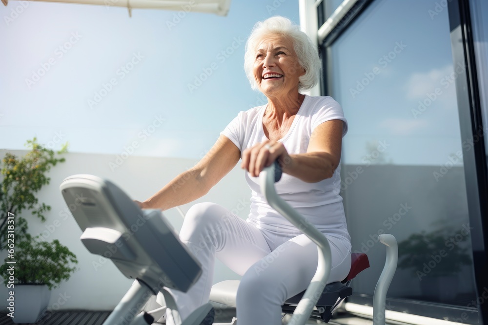 An elderly woman exercising on a stationary bike created with Generative AI technology An elderly woman exercising on a stationary bike created with Generative AI technology