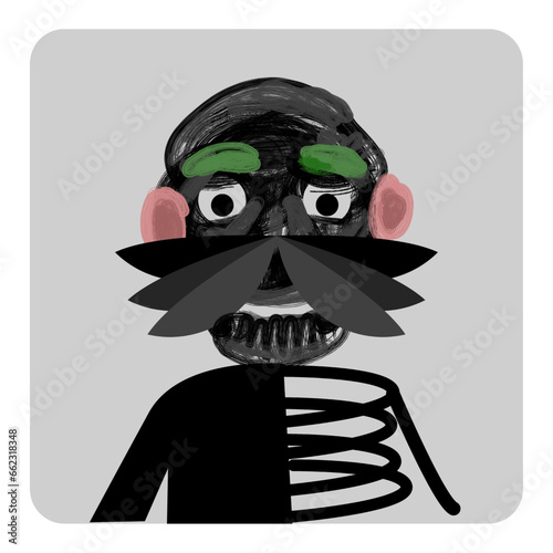 A quirky, abstract cartoon character with exaggerated black eyebrows, mustache, and a wide-eyed expression. The playful figure features bold colors and rough brush strokes, giving it a handmade.