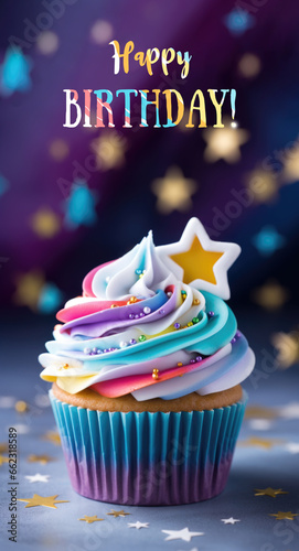 A cupcake with a rainbow frosting and a star on top. AI image. Text Happy Birthday.