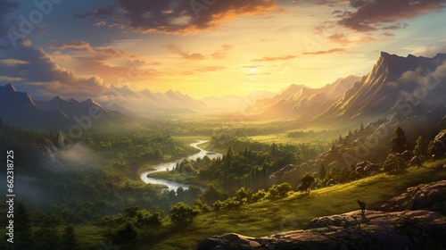 the valley's serenity in the soft light of a sunrise, where the world awakens to a new day filled with possibilities