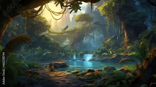 Scene of a river adventure through a dense jungle, with wildlife, ancient ruins, and the excitement of exploration game art