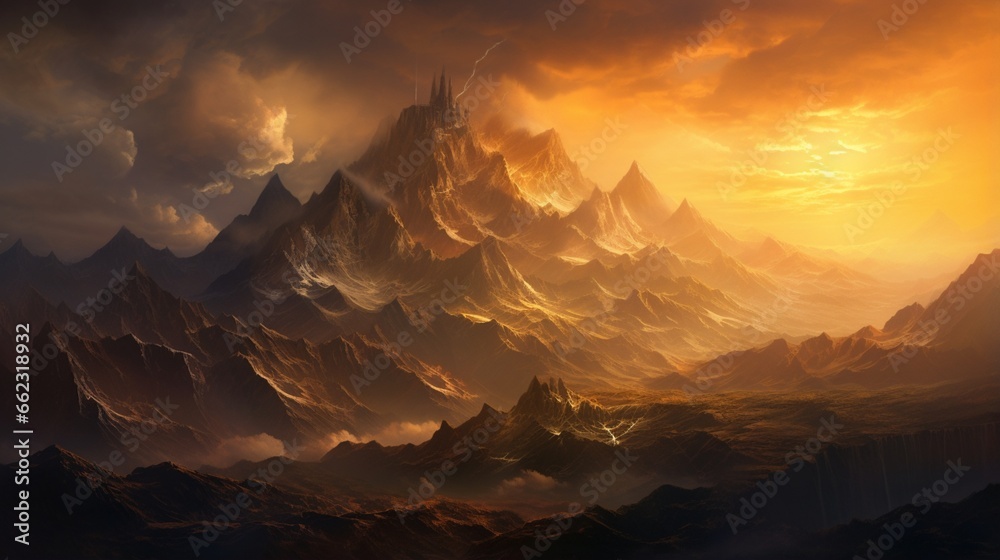towering fold mountains, showcasing their rugged peaks and dramatic landscapes under the golden glow of the setting sun