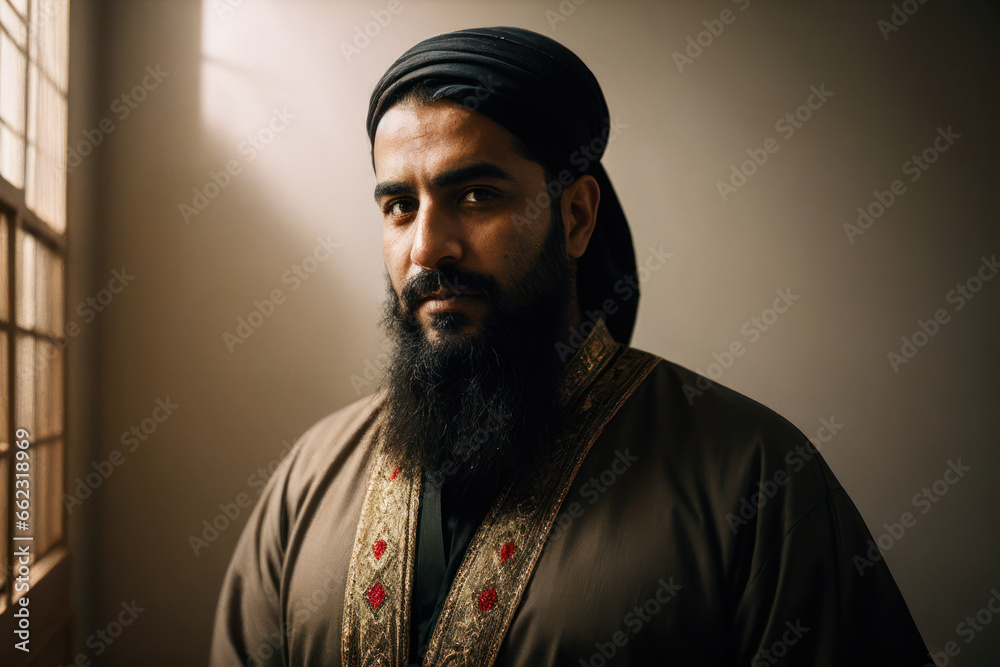 Portrait of the of the old age, bearded Arab man wearing traditional clothing. Concept of active age