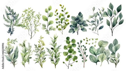 Vector elements set collection of tropical green eucalyptus in Watercolor style. Illustration for cosmetics, spa, beauty care products, Wedding Invitation, save the date, thank you, greeting card.