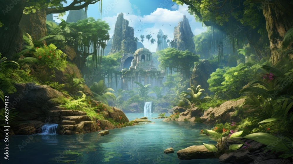 Scene of a river adventure through a dense jungle, with wildlife, ancient ruins, and the excitement of exploration game art Scene of a river adventure through a dense jungle, with wildlife, ancient ruins, and the excitement of exploration game art