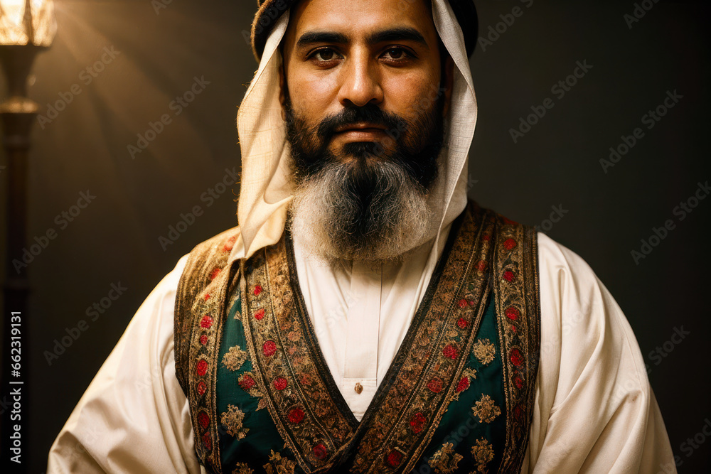 Fototapeta premium Portrait of the of the old age, bearded Arab man wearing traditional clothing. Concept of active age