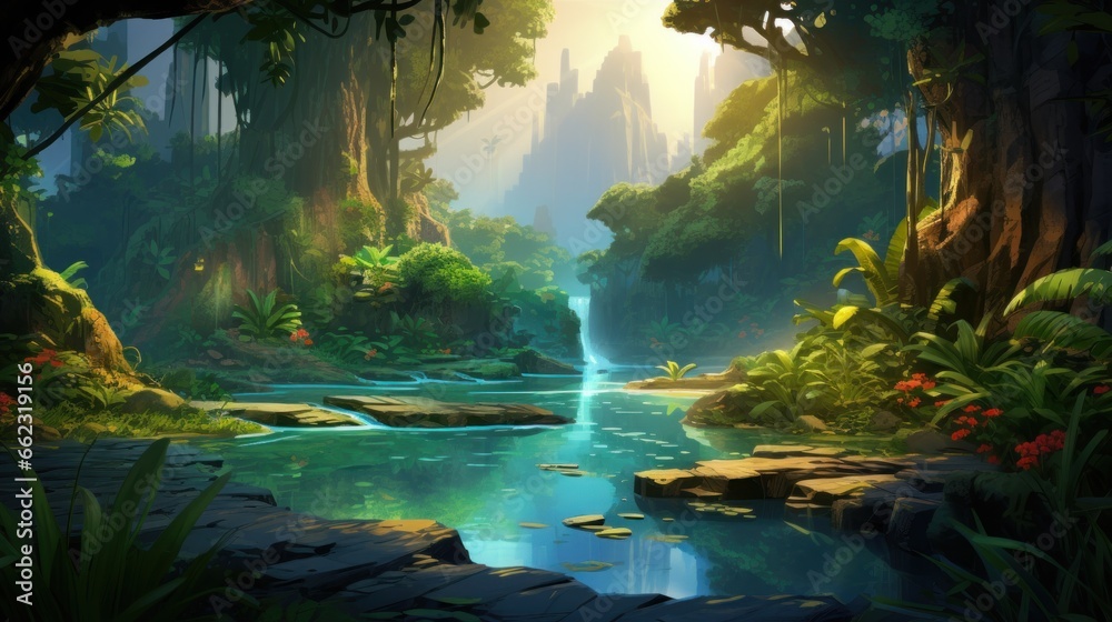 Scene of a river adventure through a dense jungle, with wildlife, ancient ruins, and the excitement of exploration game art