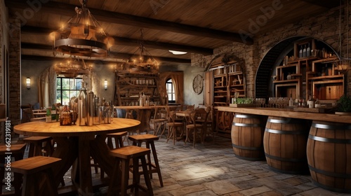 wine tasting room with barrel tables and rustic charm, inviting wine enthusiasts to savor the flavors of the vine