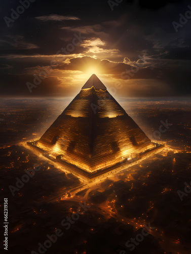 realistic high angle images Pyramid during its heyday gold plated Standing high among the residents of the city. In the evening when the sun is about to set and stars appeared in the sky.