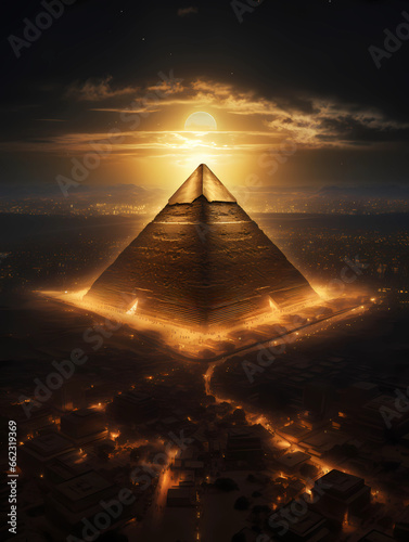 realistic high angle images Pyramid during its heyday gold plated Standing high among the residents of the city. In the evening when the sun is about to set and stars appeared in the sky.