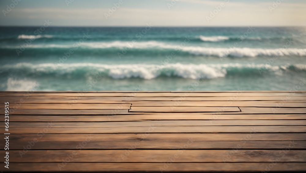 empty wooden table with blurred waved ocean background