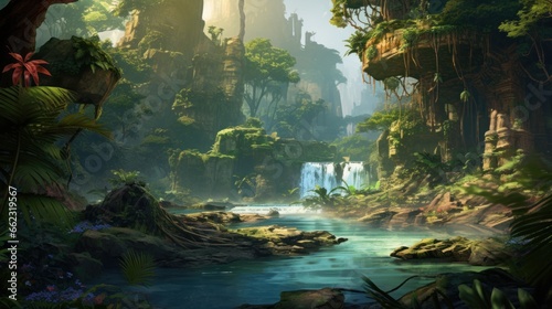 Scene of a river adventure through a dense jungle, with wildlife, ancient ruins, and the excitement of exploration game art © Damian Sobczyk