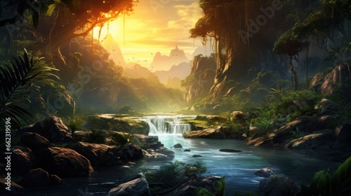 Scene of a river adventure through a dense jungle  with wildlife  ancient ruins  and the excitement of exploration game art