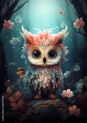 A cute owl in a wonderful magical forest