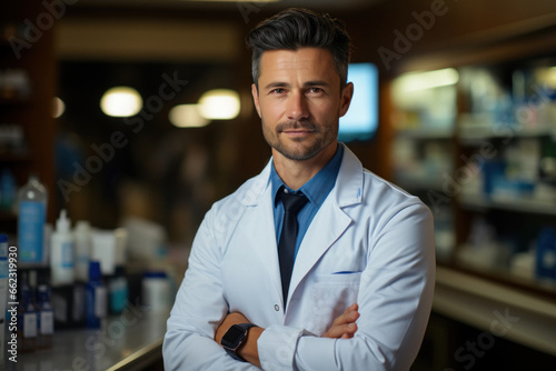 Pharmacist doctor stands on background of shelves with drugs in pharmacy