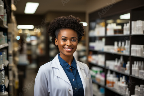 African pharmacist doctor stands on background of shelves with drugs in pharmacy