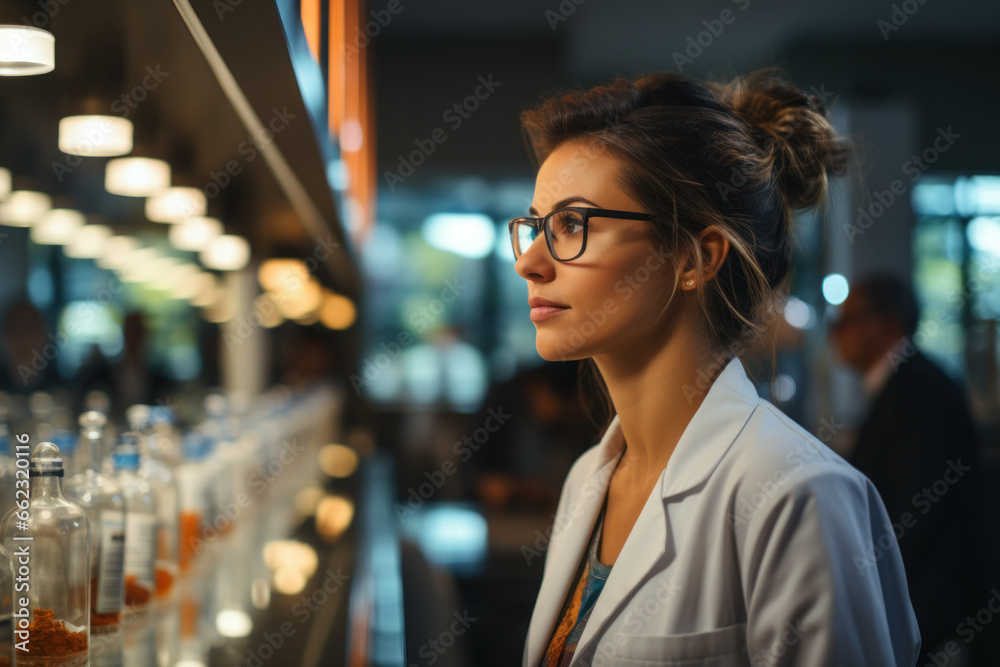 Naklejka premium Female pharmacist looking at shelves with medicines in pharmacy
