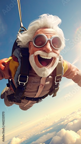3D illustration, senior man skydiving.