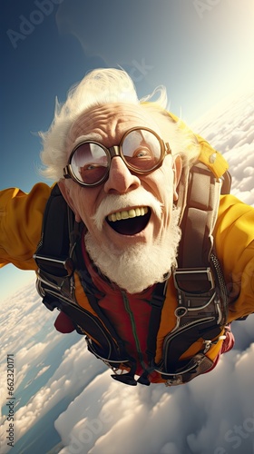 3D illustration, senior man skydiving.