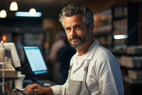 Mature male pharmacist using computer to search for drugs in pharmacy
