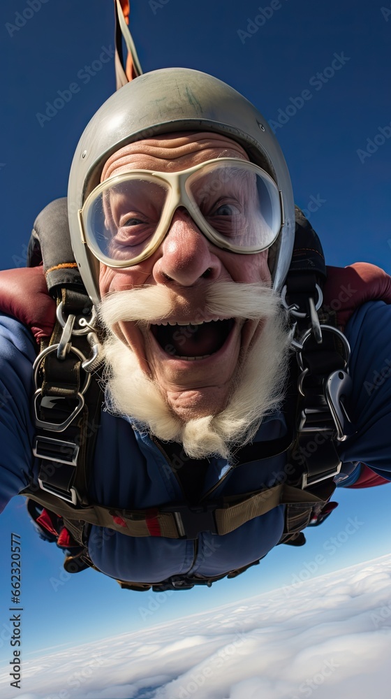 Portrait. Elderly man skydiving.