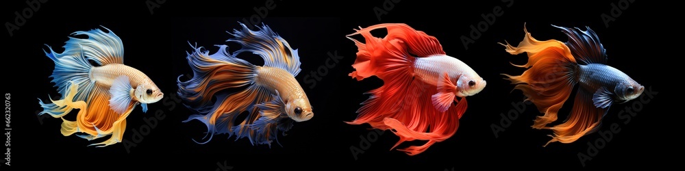Photo of Betta fish with four color variations on a black background. Generative AI Photo of Betta fish with four color variations on a black background. Generative AI