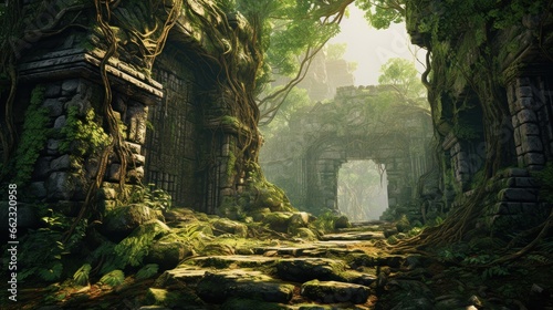 Landscape within a dense jungle  hiding ancient temples  overgrown vines  and mysterious encouraging players to unravel the secrets of the past game art