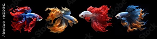 Photo of Betta fish with four color variations on a black background. Generative AI