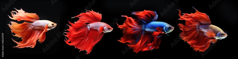 Obraz premium Photo of Betta fish with four color variations on a black background. Generative AI