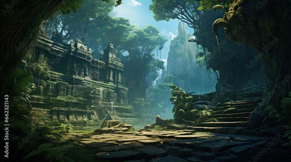 Fototapeta premium Landscape within a dense jungle, hiding ancient temples, overgrown vines, and mysterious encouraging players to unravel the secrets of the past game art