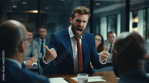 A determined businessman passionately shouting during a meeting