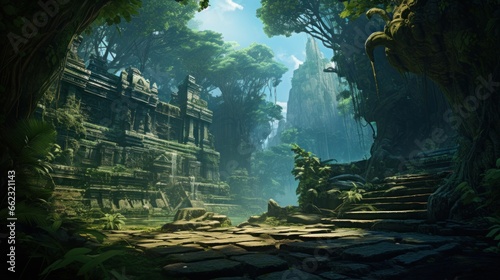 Landscape within a dense jungle, hiding ancient temples, overgrown vines, and mysterious encouraging players to unravel the secrets of the past game art photo