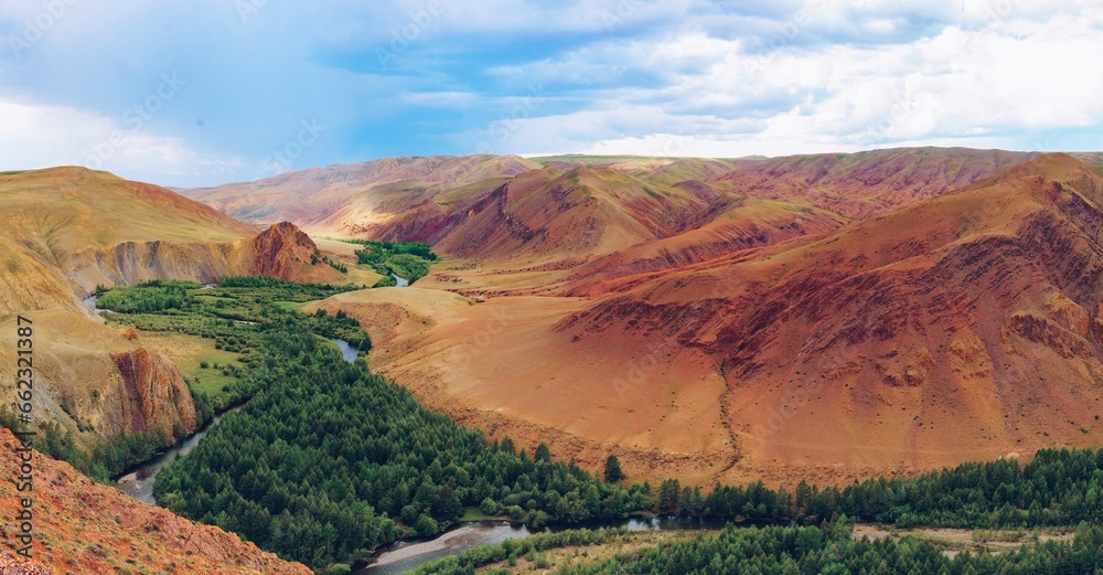 panoramic view of the Red Kyzylchin hills in Altay