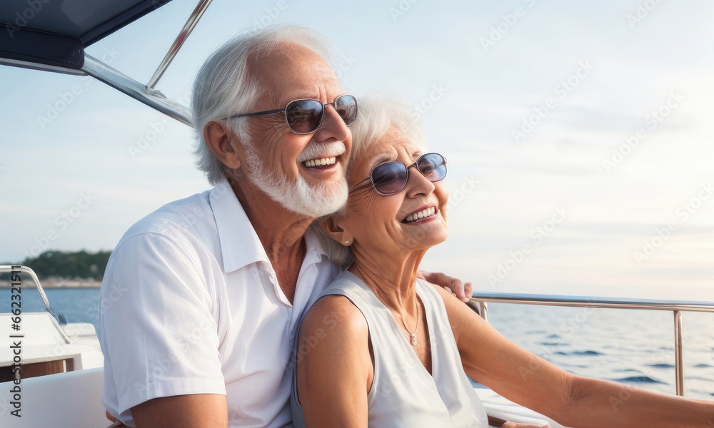 Concept of insurance and pension plans for retirement. Dedicated senior couple enjoying a sunset boat ride. 