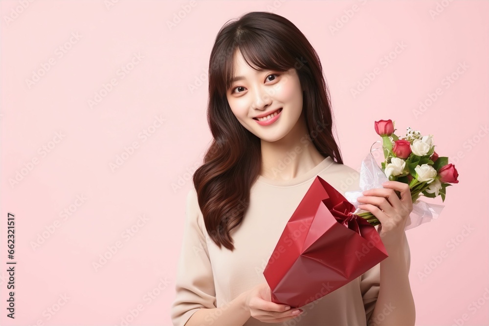 Fototapeta premium 花束を手に持つ日本人女性（プロポーズ・バレンタイン・結婚・記念日）