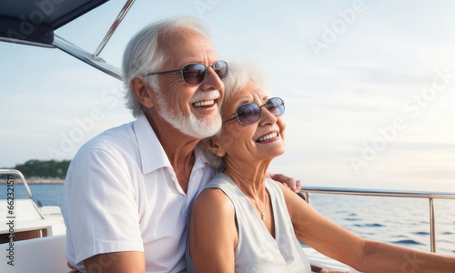 Concept of insurance and pension plans for retirement. Dedicated senior couple enjoying a sunset boat ride.  © CFK